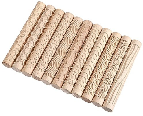 OwnMy Set von 11 Holz Ton Textur Rollen Griff Töpferwerkzeuge Ton Modellierung Muster Rollen Kit mit Box, Blume Blatt Baum Muster Ton Nudelholz Werkzeuge Schneeflocke Stern Textur Keramik Rollen