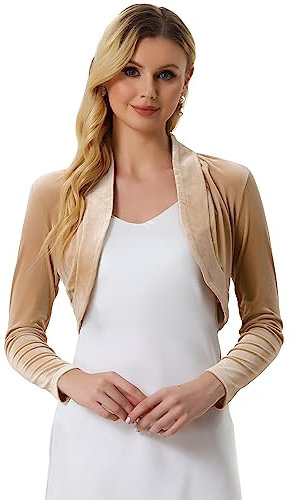 Allegra K Women's Long Sleeve Cardigan Velvet Open Front Cropped Bolero ShrugM Champagne