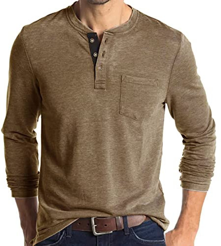 Mens Henley Shirts Long Sleeve Tops Casual Shirt Cotton Tee Crew Neck Top Basic T-Shirt Knitted Buttons Khaki S