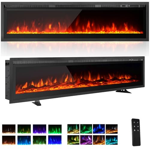 EROMMY Camino Elettrico Indipendente, Montaggio a Parete, Incasso, Effetto Fiamma a 9 Colori, Telecomando, 750W/1500W, Stufa Elettrica con Set di Cristalli e Ceppi (102cm)
