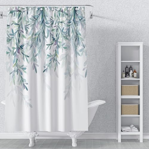 MIRRORANG 105x160cm Blatt Duschvorhang Anlage Aquarell Natur Eukalyptus Grüne Blätter Duschvorhang für Badezimmer Wasserdichtes Polyestergewebe Set mit Haken