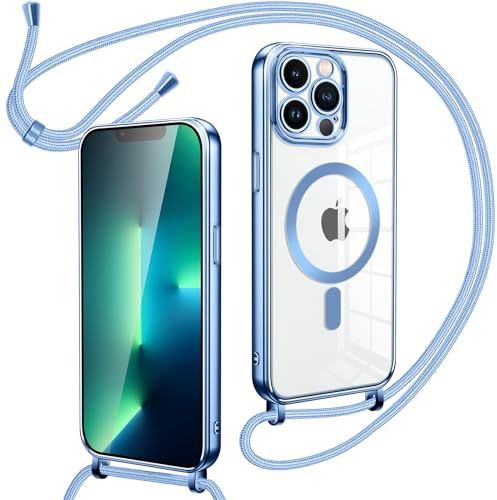 Oelrstfe Funda Transparente con Cuerda para iPhone 13 Pro,Carcasa Magnética Suave Silicona Case Antichoque con Correa Colgante Ajustable Collar Correa de Cuello Cadena Cordón para iPhone 13 Pro,Azul