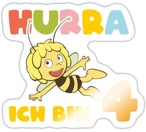 Spreadshirt Biene Maja Hurra Ich bin 4 Vierter Geburtstag Sticker, max. 10 x 10 cm, 10 x 10 cm, Weiß glänzend