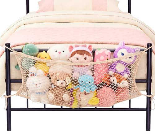 Toy Hammock for Stuffed Animals, Cotton Teddy Hammock Storage Net, Beige | Neatly Store Your Stuffed Animals, Bedside Stuffed Animal Storage Net with Tether, Kids Bedroom Nursery Room Decor