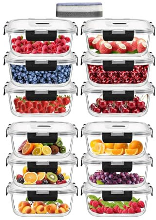 LNWSN 320ml Frischhaltedosen mit Deckel 12er Set, Versiegelter Vorratsdosen Glas mit Deckel aus Verdicktem Borosilikatglas, Food Container für die Mitnahme von Verschiedener Essen beim Picknick
