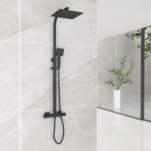 GY Bath Sistema de ducha con termostato, grifo de ducha negro, juego completo, cuadrado de 245 mm, ducha de ducha de lluvia de acero inoxidable 304 con manguera de ducha de 1500 mm, barra de ducha