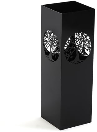 DRW Portaombrelli Quadrato in Metallo con Albero della Vita Nero 15,5x15,5x49 cm