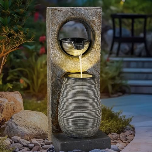 YOLENY Fontaine à eau autoportante de 100 cm de hauteur avec lumières LED – Design moderne en cascade pour intérieur et extérieur, construction en résine avec texture transparente – Parfaite pour la