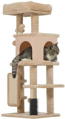 PawHut Árbol Rascador para Gatos Altura 104 cm Árbol para Gatos Torre para Gatos con Plataformas Poste con Cepillo Bolas Colgantes y Almohadilla para Rascar Beige