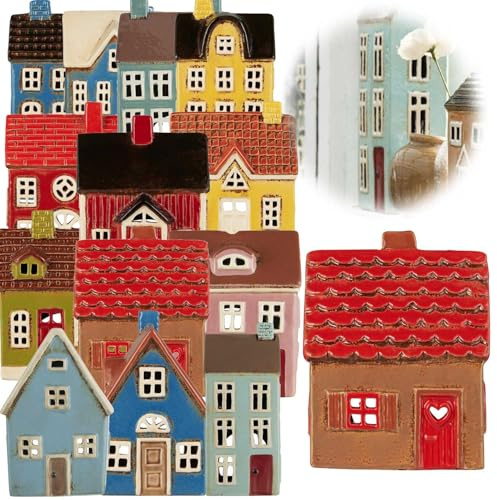 LS-LebenStil Teelichthaus Lichthaus 14cm Braun Rot Keramik Fachwerkhaus Nyhavn Teelichthalter Windlichthalter Kerzenständer Teelichtständer Windlicht für Teelichter Lichterhaus