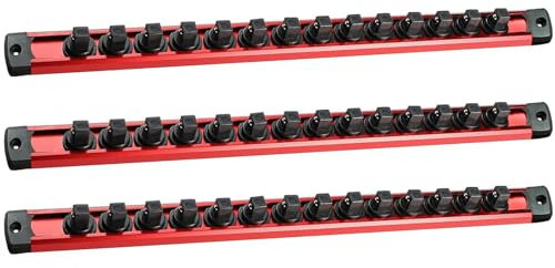 Magnetic Socket Organizer Set - 3 Piece 3/8 Drive 360° Swivel Socket Rail Kit, Portable Tool Box & Workshop Holder with Clip Rails, Holds 42 Sockets (Red)