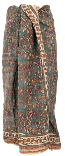 GURU SHOP Leichter Pareo Schal, Sarong, Handbedrucktes Baumwolltuch, Lungi mit Webbordüre - Grün/braun, Herren/Damen, 190x120 cm