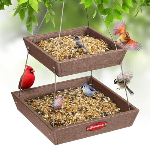 Kingsyard 2 Tier Large Platform Bird Feeders for Outdoors Hanging, 5 lbs Capacity Recycled Plastic Flat Mealworm Bird Feeder Tray, Garden Decoration Attracting Cardinal Blue Jay