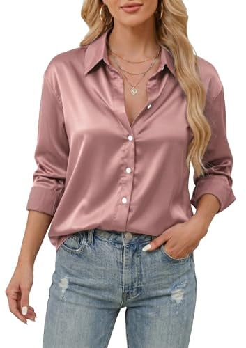 Stamain Chemisier Femme Satin Manches Longues col en V élégant Haut décontracté en Soie uni pour Le travai Affaires Les fêtes