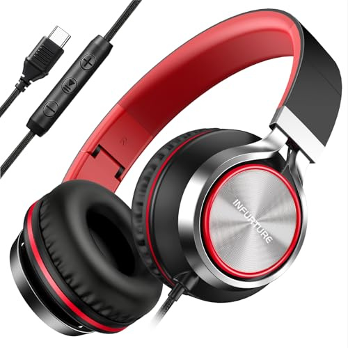INFURTURE USB C Headphones Wired Over-Ear Headphone with Microphone | Plug and Play foldable Type C Headphones for iPhone 17/16/15, iPad, All-Day Comfort for Sports, School, Travel-ideal gift