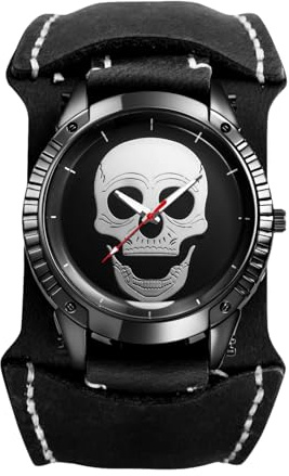 JewelryWe Herrenuhr Totenkopf Uhren mit Lederarmband Halloween Steampunk Schädel Analog Quarz Armbanduhr Herren Großes Zifferblatt Dual-Use Uhr mit Abnehmbarem Breit Echtleder Leder Armband