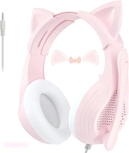 Bocodow Pink Gaming Headset with Mic, Cat Ears, Stereo Surround Sound Wired Over Ear Headphones with Microphone, Soft Ear Pads, Noise Cancelling for Girls, Teens, Women