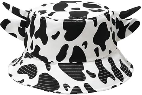 Muorruo Eimerhut mit Kuh-Print und süßen Hornohren, Winter-Sonnenhut mit Kuh-Print, Fischerhut mit Print, winddichte Mütze, Geschenke für Liebhaber, verpackbarer Outdoor-Fischerhut