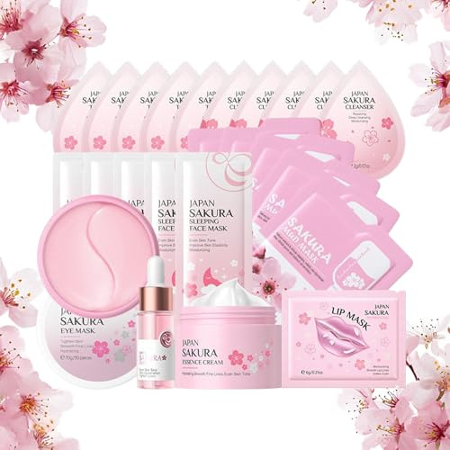 Sakura Skincare Set Geschenk für Teenager Mädchen: Beauty Set mit Gesichtscreme, Serum, Reiniger, Schlafmaske, Augenmaske, Mud Mask & Lippenmaske – Gesichtspflege als Geschenkset für Mädchen