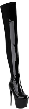 Generico Donna Pelle Verniciata Stivali sopra Il Ginocchio Punta Tonda Piattaforma Stivali Lunghi Tacco A Spillo Alto Scarpe da Ballo Festa Serale,Black1,35.5 EU