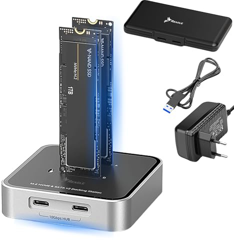 Reagle Dual M.2 NVMe SATA Dockingstation, USB-C 3.2 Gen2 10 Gbit/s, 2× M.2 SSD gleichzeitig, 16TB Support, Aluminiumgehäuse, M Key & B+M Key, Plug & Play, inkl. USB-A/USB-C Kabel