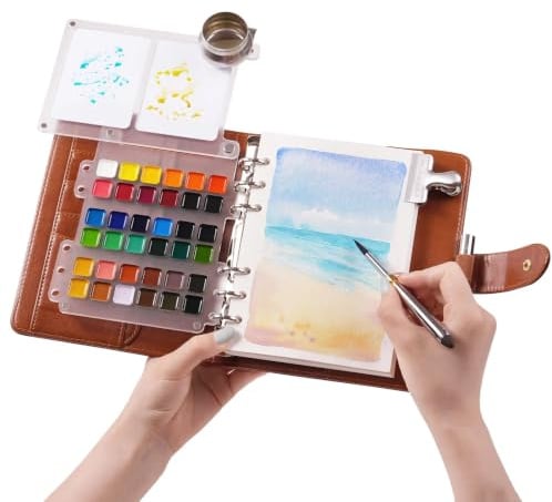 Reise Aquarellfarben Skizzenbuch Set - 36 Premium Wasserfarbenset mit Doppelspitze Reisepinsel und 100% Baumwollepapier, PU-Ledereinband | Perfektes für Künstler, Hobbymaler und Malerei-Liebhaber