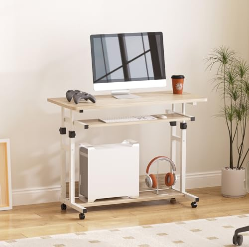 Dripex Computer Desk Mobile, Portable Office Desk with Movable Wheels, Height Adjustable Study Desk, Home Office Desk with Keyboard Tray and Shelf for Small Spaces (White Oak)