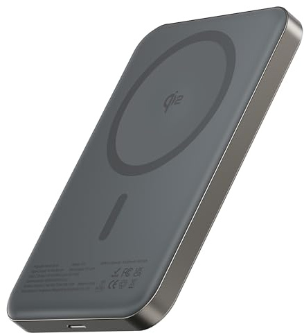 Magnetische Powerbank 10000 mAh, 14 mm ultradünnes Titan-Design, PD20W, kabelloses tragbares Ladegerät mit USB-C-Eingang und Ausgang, kompatibel mit iPhone 17/16/15/14/13/12 Serie & Apple Watch(Grau)