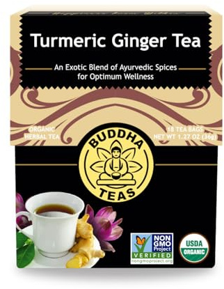 Buddha Teas - Organic Turmeric Ginger Tea - Herbal Tea - Earthy, Mildly Spicy Taste & Sweet Undertones - Enjoy Hot or Cold - Caffeine Free - 100% Kosher & Non-GMO - 18 Tea Bags (Pack of 1)