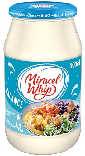 Miracel Whip Balance 1 x 500 ml I Salatcreme fettreduziert I 10% Fettgehalt I Glutenfrei I mit Eiern aus Freilandhaltung I für Nudelsalat oder Kartoffelsalat | Fettreduziert, 10% Fettgehalt, Glutenfrei, Mit Eiern aus Freilandhaltung, Perfekt für Nudel- oder Kartoffelsalat