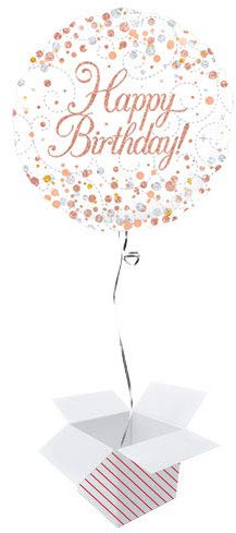 PARTYRAMA.CO.UK Happy Birthday White And Rose Gold Holographic Round Foil Helium Balloon - Inflated Balloon in a Box