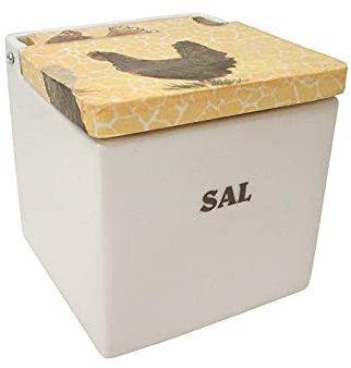 SALERO Sal Cuadrado Porcelana Blanco Letrero Sal BISAGRA Tapa Madera DECOPAUGE GALLINAS