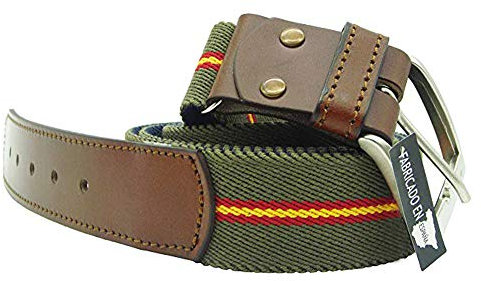 LGP – Cinturón Bandera de España de Lona elástica color Verde y Piel de Vacuno, extensible, válido para cualquier Talla