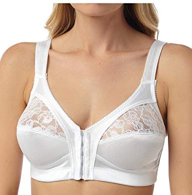 Chums Ladies Front Fastening Bra Soft Cup with Lace Trim Extra Wide Strap Bra for Women White 40D
