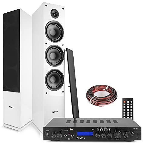 Fenton SHF80W Tower Speaker System Pair with AV-150BT Bluetooth Amplifier, Home HiFi Stereo Audio, 3-Way Floor Standing Speakers, 6.5 Inch Woofers, 500W, White