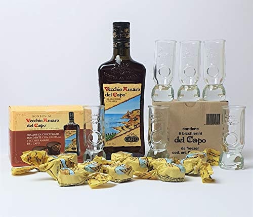 Vecchio Amaro del Capo 70 cl + 6 Bicchieri Freezer del Capo + 1 conf. Praline Bon Bon Vecchio Amaro del Capo 250 gr.