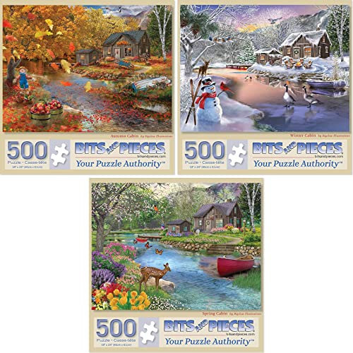 Bits and Pieces Bigelow Illustrations Puzzle-Set mit drei (3) 500-teiligen Puzzles für Erwachsene – jedes Puzzle misst 46 cm x 61 cm, 500 Teile für Herbst, Frühling, Winter Hütte
