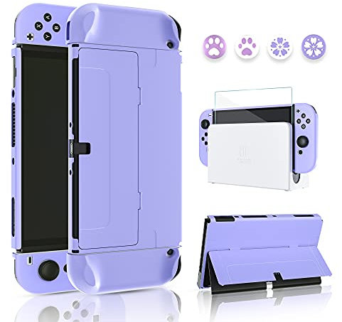 FANPL Custodia flip per Nintendo Switch OLED, custodia rigida per Switch OLED e controller Joy Con, con protezione schermo e 4 tappi per impugnatura, confortevole al tatto (viola)