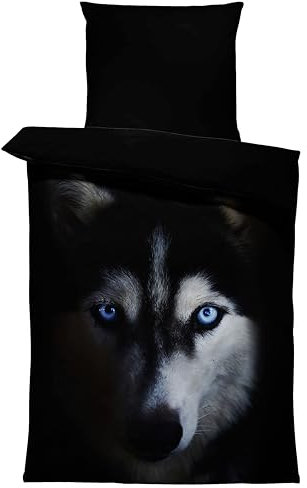 one-home Bettwäsche 135x200 cm Mikrofaser Bettbezug Fotodruck modern weich und kuschelig für Sommer und Winter geeignet, Farbe:Wolf schwarz, Größe:4 teilig 135x200 cm