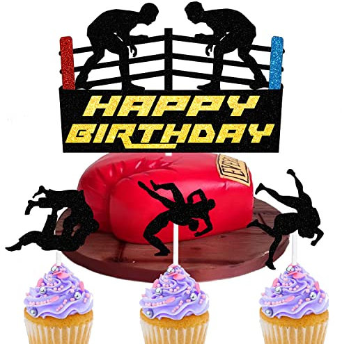 Boxing Match Cake Topper boxer Theme Fight wrestler Boxing gloves man child boy Glitter Party decorations