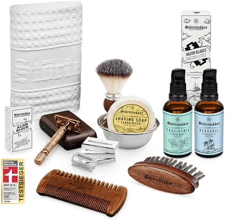 Störtebekker® Premium Rasierhobel All-in-one Set - inkl. Rasierpinsel, Rasierseife, Rasierschale, Rasieröl, Rasierklingen, Rasiertuch, Alaunstein, Bartöl, Bartkamm und Bartbürste - Geschenkidee