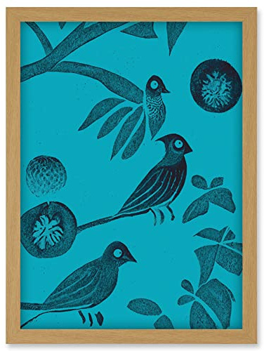 Doppelganger33 LTD Linocut Vintage Blue Birds Jungle Pattern Illustration Teal Artwork Framed Wall Art Print A4