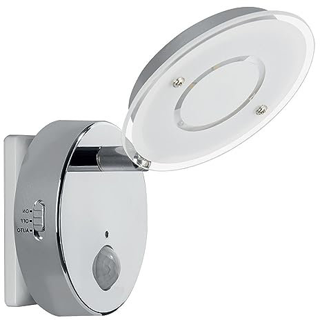 Trango Sensor LED luz nocturna en cromo 2636-018 con función automática directa 230V con sensor de movimiento I luz de seguridad I lámpara de enchufe