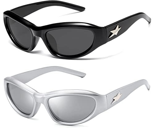 2 Stück Wrap Around Fashion Sonnenbrille Herren/Damen,Rave Brille,Schnelle Brille Rave,Trendy Futuristic Oval Shades,Y2K Sonnenbrille,Sport Sunglasses Men/Woman,UV400-Radfahrerbrille