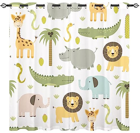 YUANZU Tier Vorhänge Krokodil Löwe Elefant Giraffe Ösen Gardinen mit Blickdichte Thermo Vorhang Kälteschutz Blackout Curtain Kinderzimmer Schlafzimmer Verdunkelung Fenster, 2 Stück, H 260 x B 140 cm