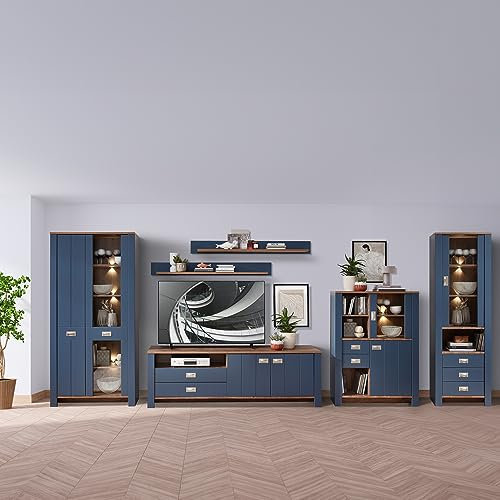 Wohnwand TV-Wand blau Landhaus mit Details in Eiche Nb. 6-teilig, 1 Vitrinenschrank, 1 Lowboard, 2 Wandregale, 1 Highboard, 1 Vitrine, inkl. LED Beleuchtung