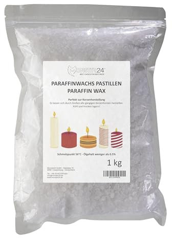 Monster24 - Paraffinwachs Pastillen 1 Kg für Kerzen, Tischfeuer etc. weißes Kerzenwachs zum Gießen und Nachfüllen eigener Kerzenkreationen, Wachs Granulat Pastillen für Gartenfackeln Schmelzpunkt 56°C