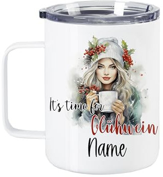 GRAZDesign Thermobecher mit Deckel und Namen personalisiert Glühweinbecher Weihnachten Motiv, Wanderbecher Edelstahl 350ml