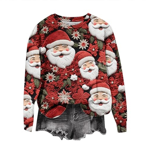Sumuqi Weihnachten Pullover Damen 3D Print Sweatshirt Langarmshirt Grafik Oberteile Lässig Blusenshirt Frau Pullover Weihnachtskostüm Weihnachtspulli Tuniken Weihnachtspullover Retro Tshirts