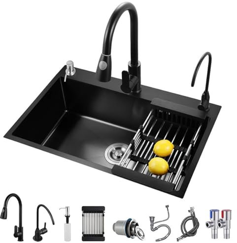 Fregadero De Cocina Negro, Fregadero De Barra De Acero Inoxidable Bajo Montaje, Fregadero De Cocina De Un Solo Tazón Con Conjunto De Drenaje Para Fregadero De Cocina Moderno (Color : negro, S : 68x4